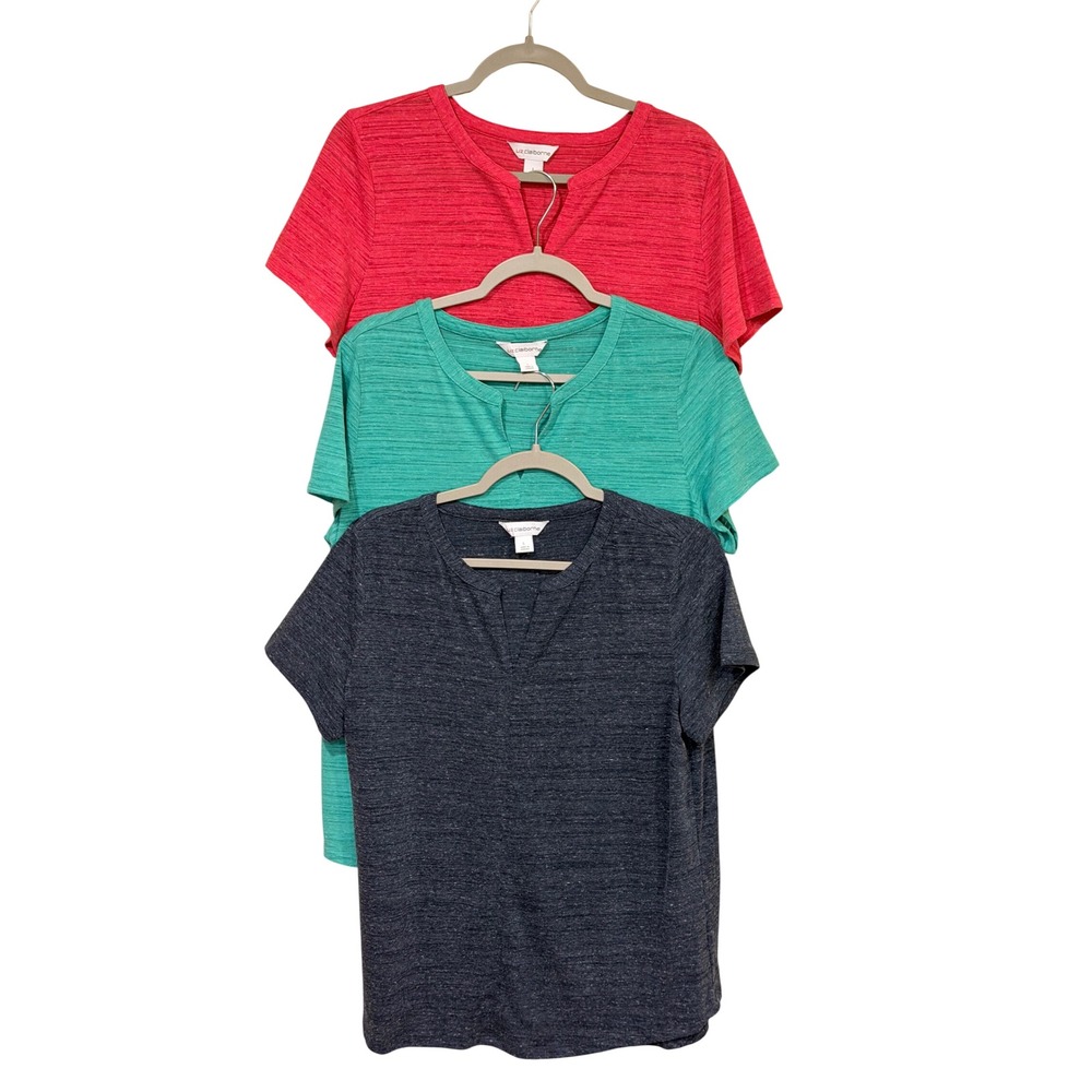 Liz Claiborne Womens Split Neck T-Shirt Bundle Red Green Navy Large Slub Casual